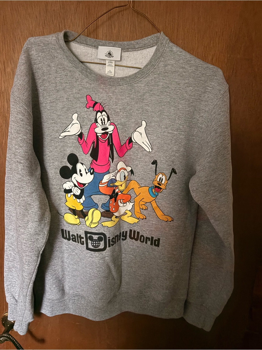 Disney Gray Crewneck Sweatshirt with Classic Mickey, Donald, Goofy & Pluto Art
